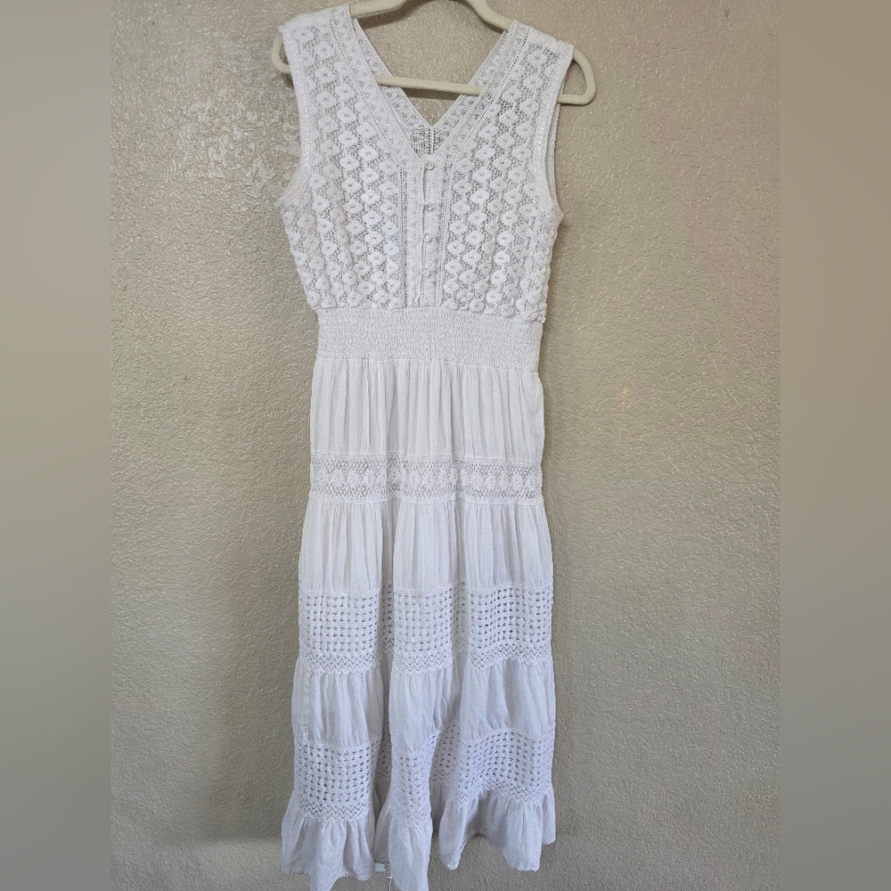 NAOO Nation White Cotton Crochet Midi Dress
